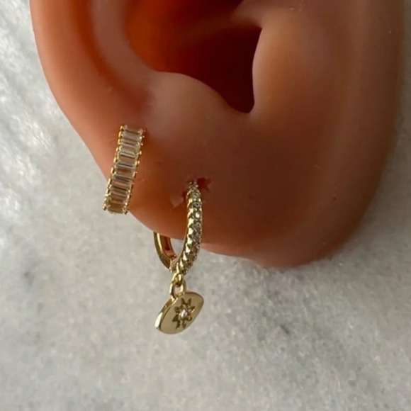 Gold Crystal Pave Evil Eye Star Burst Huggie Hoop Dangle Earrings
Brand New - Picture 4 of 6